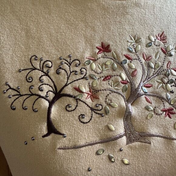 Vintage Fall Trees Leaves Embroidered Embellished Double Crew Granny Sweatshirt - Picture 4 of 6